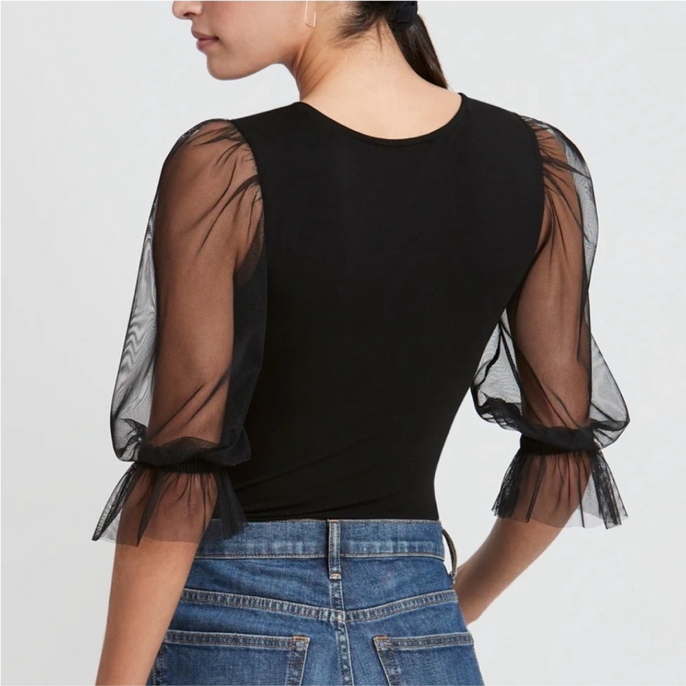 Sheer Puff Sleeve Black Bodysuit - Picture 3 of 9